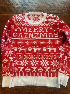 Merry Gainzmas Red & White Knit Christmas Sweater | Medium